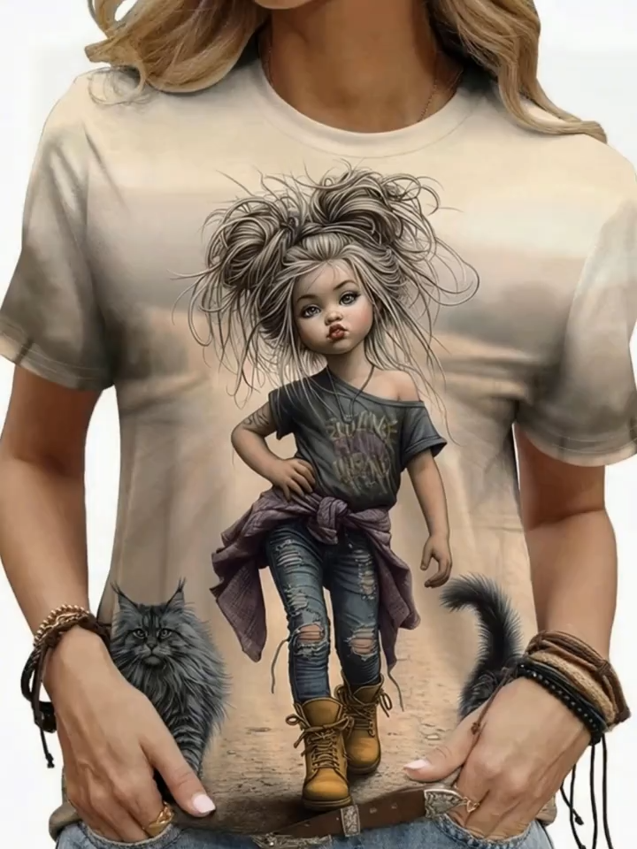 2D Printed Novelty Elegant Stylish Tie-Dye Abstract Painting Cool Cute Cartoon Character Animal Cat Graphic All-Over Breathable Round Neck Short Sleeve T-Shirt Casual Fashionable Women'S Shirt Summer New Women'S Short Sleeve Top
