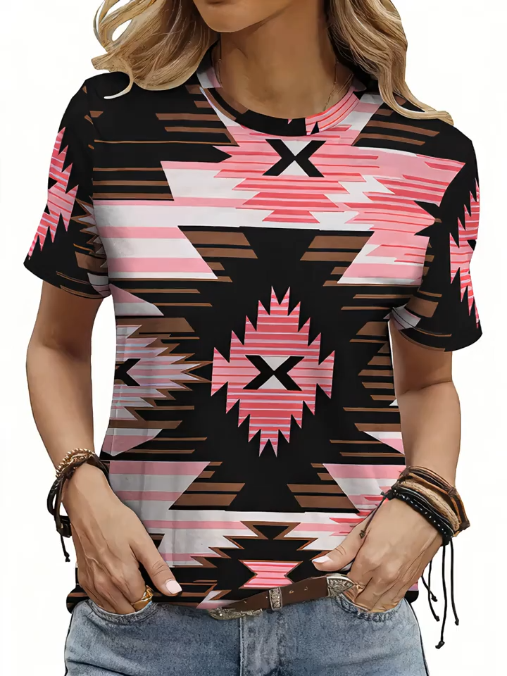 2D Print Ethnic Vintage Color Block Aztec Geometric Pattern Breathable Round Neck Short Sleeve T-Shirt Casual Shirt New Women's Short Sleeve Top