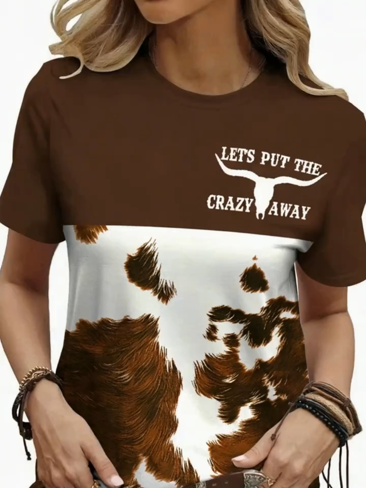 2D Printed Western Retro Ethnic Fashion Elegant Abstract Painting Featuring Ranch Animals, Cow Head Letter Slogans, Cow Color Block Patchwork Graphics, All-Over Print Breathable Round Neck Short-Sleeve T-Shirt