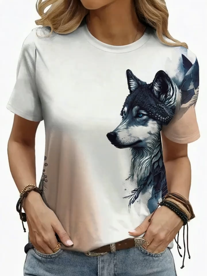 2D Printing Elegant Fashion Holiday Abstract Painting Animal Wolf Plant Leaves Graphic Full Body Print Breathable Round Neck Short Sleeve T-Shirt Casual Fashion Short Sleeve Women'S Shirt Summer New Women'S Short Sleeve Outer Wear Top