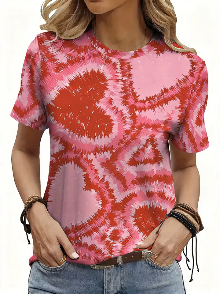 Pink 2D Print Romantic Elegant Fashion Gradient Tie-Dye Gradient Heart Pattern Full-Body Print Breathable Crew Neck Short Sleeve Valentine's Day T-Shirt Casual Shirt New Women's Holiday Confession Short Sleeve Top