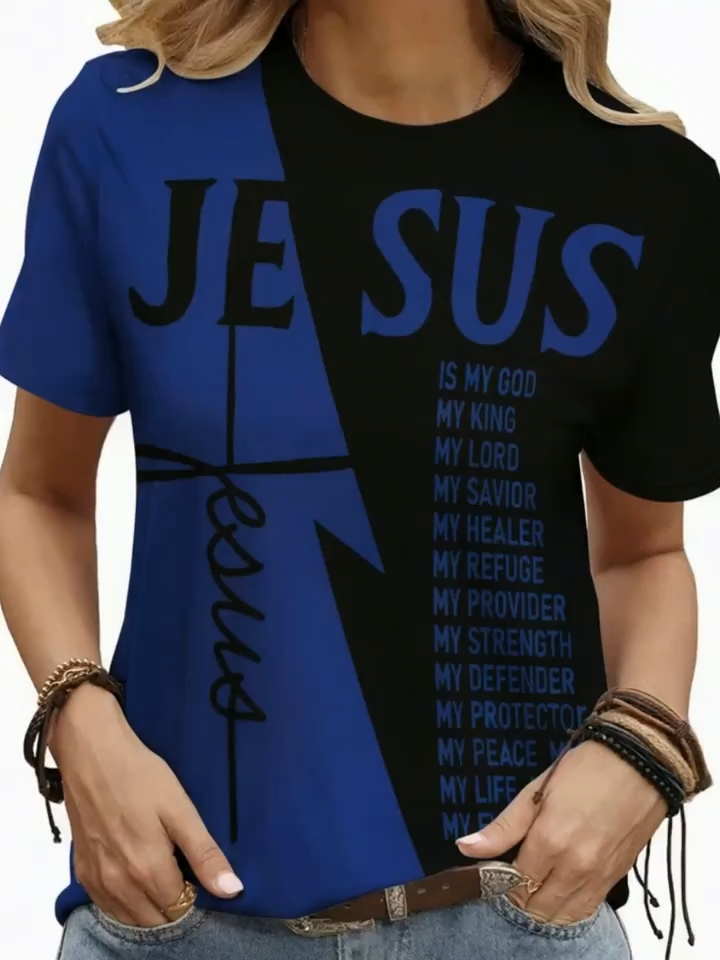 2D Printed Novelty Fashion Elegant Abstract Painting Letter Slogan Color-Block Geometric Patchwork Graphic All-Over Printed Breathable Round Neck Short Sleeve Faith T-Shirt Casual Stylish Short Sleeve Women'S Shirt Summer New Women'S Short Sle