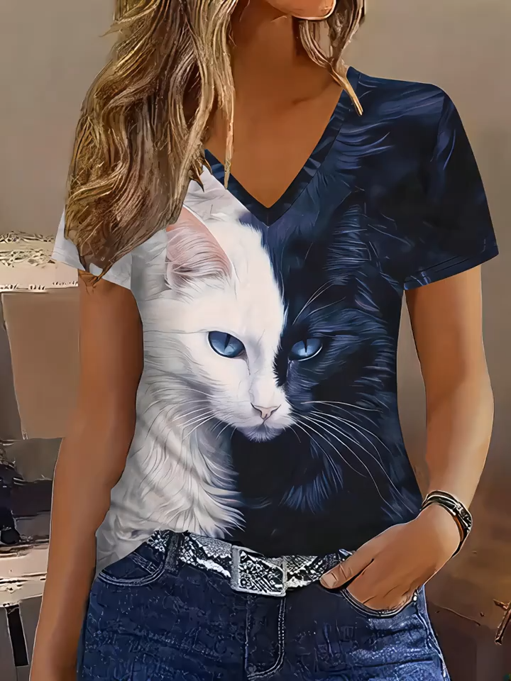 2D Print Casual Vacation Abstract Painting Gradient Color Animal Cat Graphic All-Over Print Women's Casual Shirt | Breathable V-Neck Short Sleeve Top | Summer New Short Sleeve T-Shirt