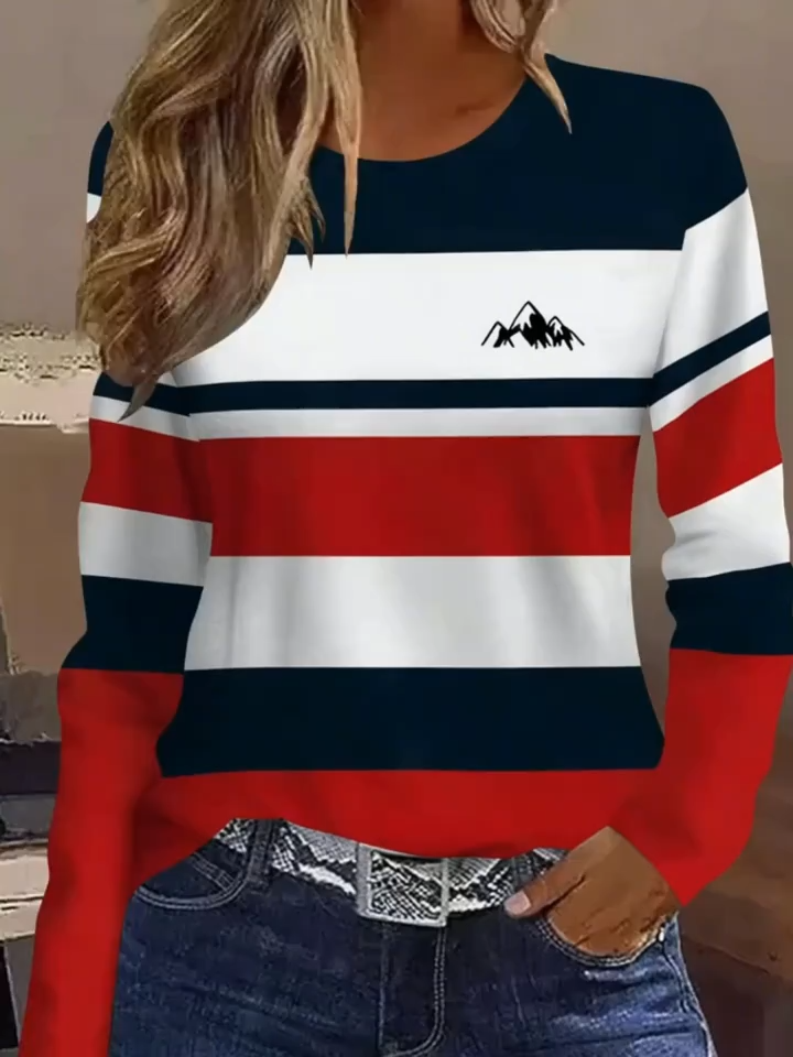 2D Print, Easy Casual Fashion Elegant Vacation Abstract Painting Red White Blue Tricolor Color Block Striped Graphic All-Over Print Breathable Round Neck Long Sleeve T-Shirt, Casual Fashion Long Sleeve Shirt